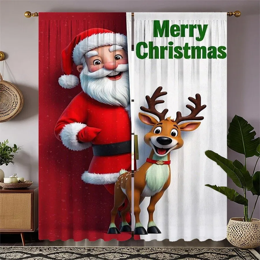 2PCS Digital Print Curtain, Santa and Reindeer with Merry Christmas Text on Red and White, Cute Cartoon, for Window Home Decor
