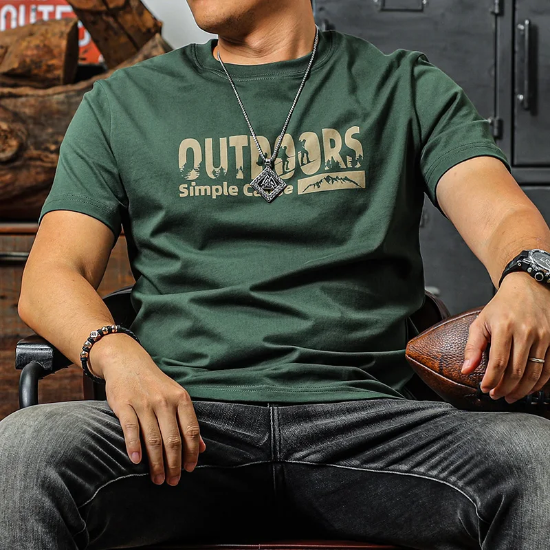 

Мужские зеленые футболки с короткими рукавами, летняя мужская футболка из чистого хлопка, повседневная футболка в стиле ретро с круглым вырезом и буквенным принтом