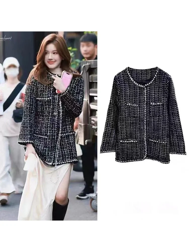 

Elegant round Neck Short Coat Women's Heavy Woolen Knitwear Korean Style Loose Fit Button Pocket Threaded Long Sleeve Coat