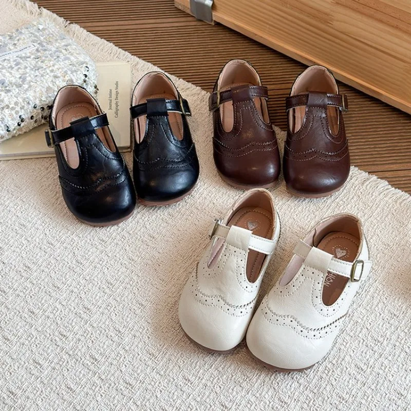 Kids T Strap Leather Shoes Girls Princess Shoes Boys Breathable Flats Mary Jane Black Brown Child Baby Toddlers Spring Autumn
