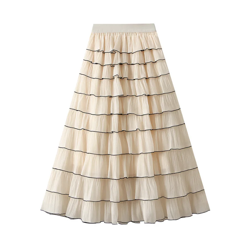 French ruffled high waisted A-line skirt pleated skirt layered cake skirt women's high-end temperament half body skirt