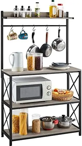 

Kitchen Bakers Rack with Power Outlet, 36.5" Width Coffee Station Microwave Stand with 5 , Utility Shelf for Kitchen/Dinni