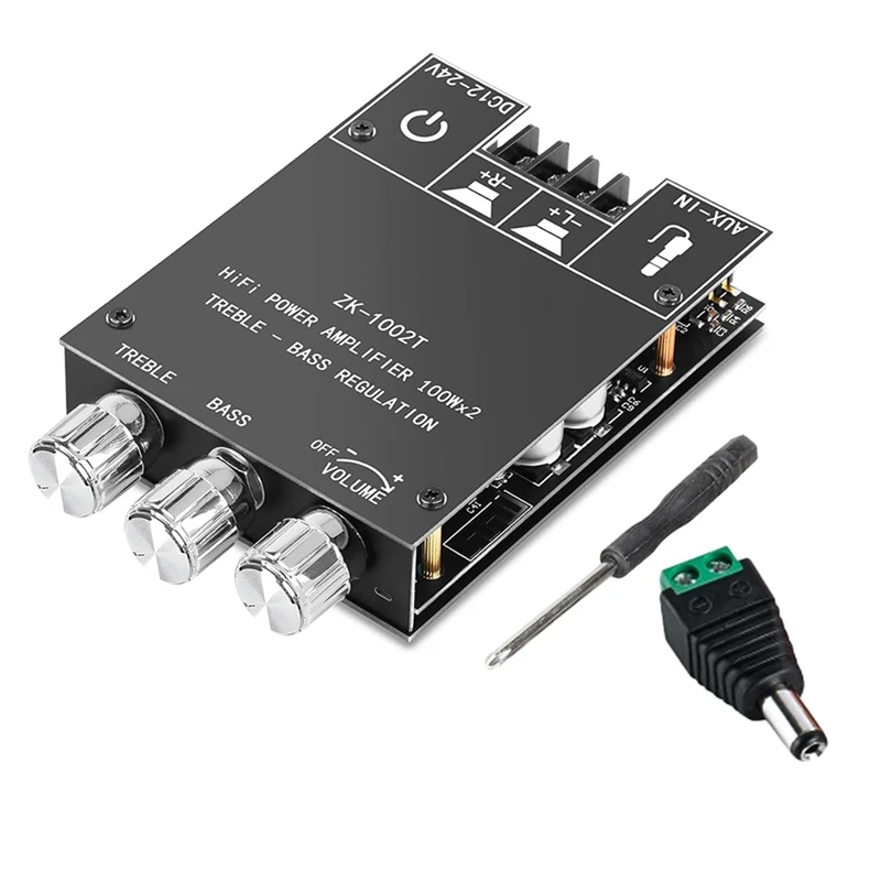 ZK-1002T Bluetooth Amp Board, 100W+100W Dual Channel With Treble & Bass Control, DC 12-24V