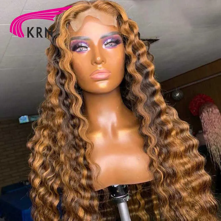 KRN 250 Wig gelombang dalam warna Highlight kepadatan rambut manusia rambut Brasil 13x4 WIg renda depan dengan bagian tengah 13x6 Wig renda