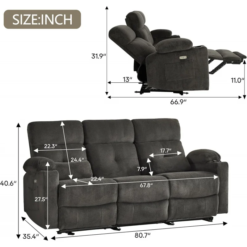 Heat and Massage,80'' Wall-Hugger  Reclining Sofa,Electric Power Double Reclining Sofa with USB