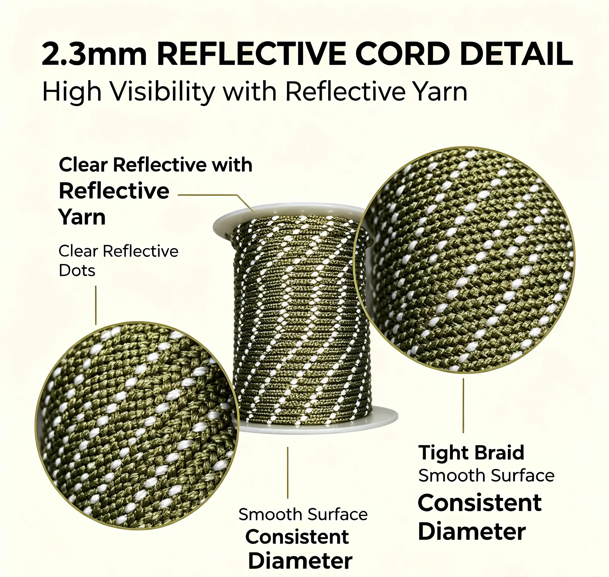 TKELUN 2.3mm Reflective UHMWPE Tent Rope, Olive Green High Visibility Guy Line Cord, Low Stretch Tarp Gear Hanging Rope for Camp