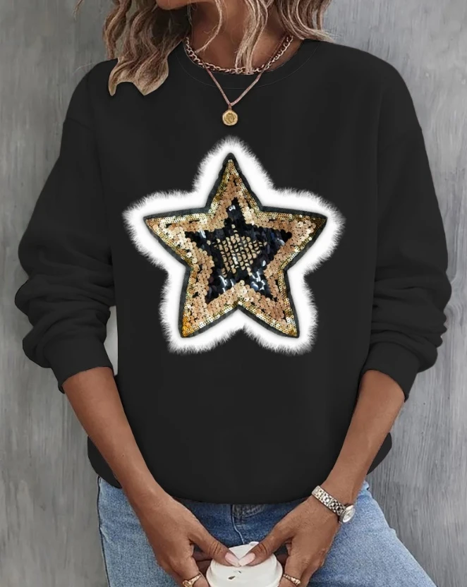 

Pullover Sweater Women's 2023 New Hot Selling Fashion Sequin Star Pattern Detail Long Sleeve Round Neck Sweatshirt