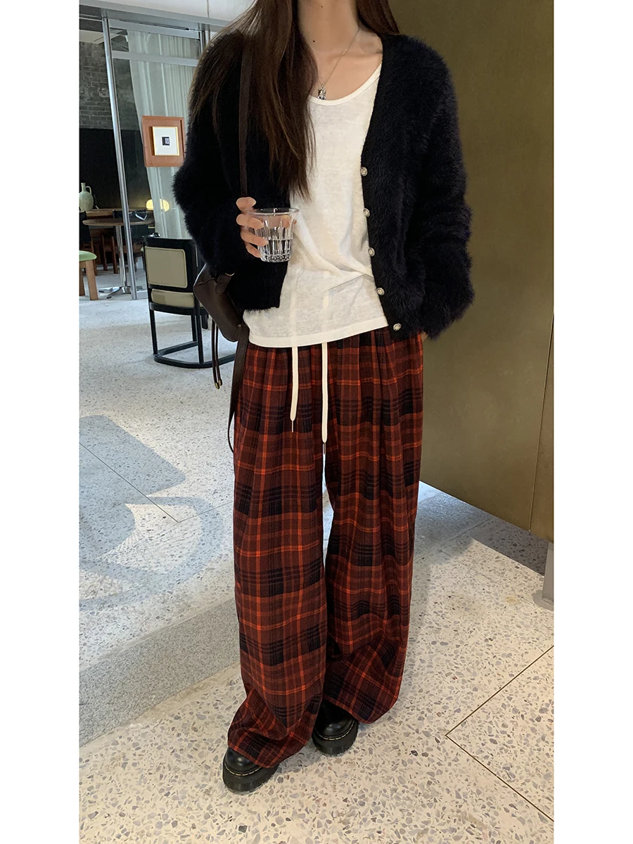 بنطلون نسائي واسع الساق بخصر مرتفع، موديل جديد للخريف والشتاء، فضفاض ومستقيم، بنطلون كاجوال مبطن بالصوف، بنطلون مربعات أحمر