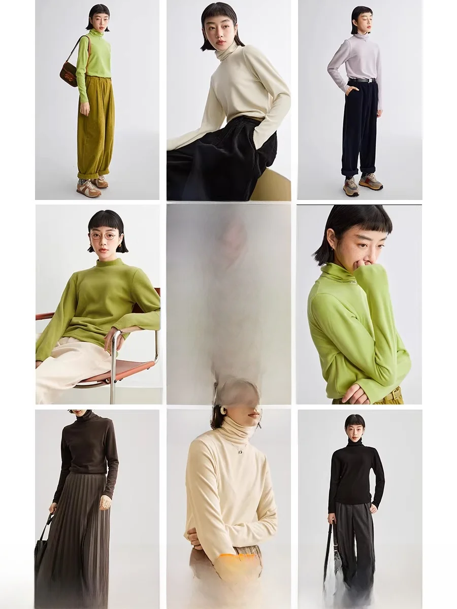 

Cloud Life Autumn Winter Vintage Casual Brued Warm Fce Base irt Warm Inner Long Sve High Collar T-irt Women's Fas...