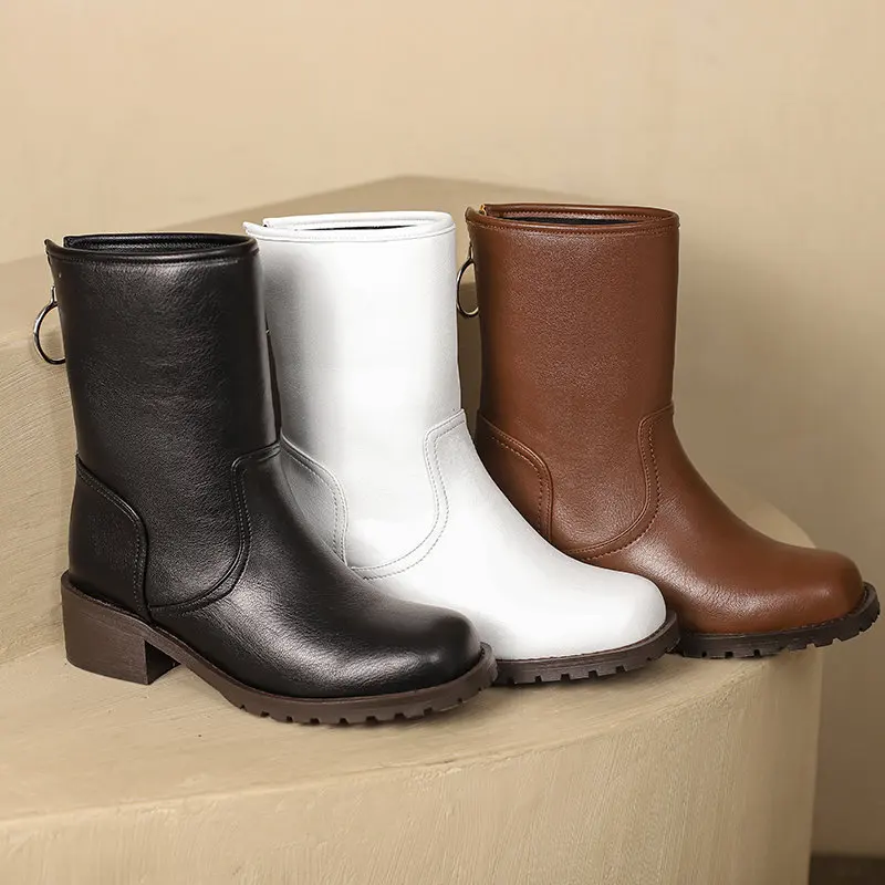 

ORCHALISA Women Mid Calf Boots Toe Thick Heels 4.5cm Decoration Daily Shoes Autumn Bota