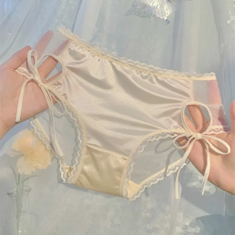 Women's Version Satin Lace Underwear Mesh Lace Up Triangle Pants Hollowed Out Transparent Briefs Middle Waist Panties