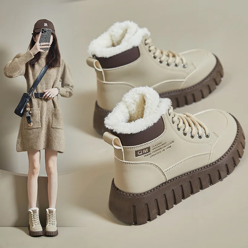 

Winter New ins Korean Style High-Top Fleece-Lined Boots for Female Students Casual and Warm Street Style