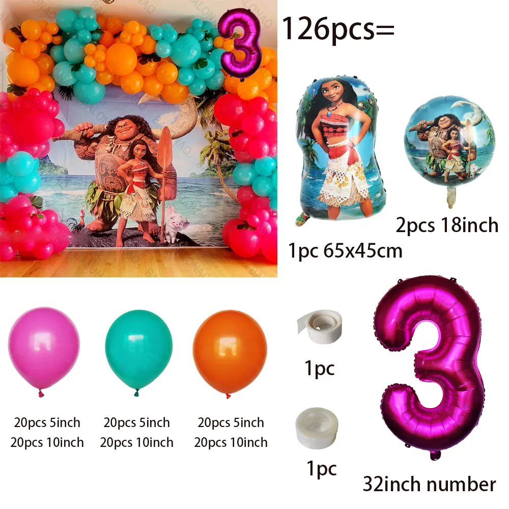 126PCS Disney Moana Palloncini Ghirlanda Arco Kit Compleanno arancione Palloncino in lattice Decorazioni per feste Globos Regali per ragazze Decorazione per baby shower