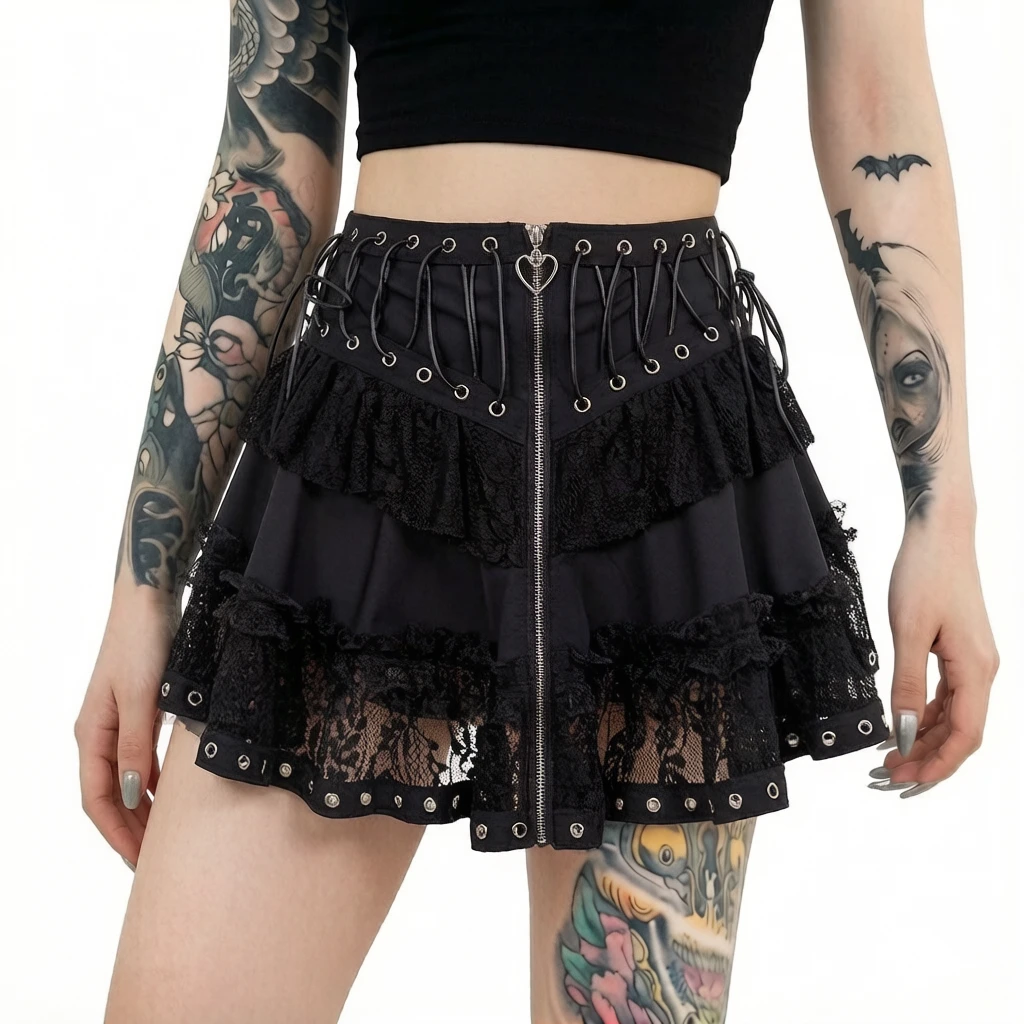 Zipper Front Punk Vintage High Wasit Skirt Women's Japanese Style Kawaii Black Harajuku Gothic Skater Cosplay Mini Skirts