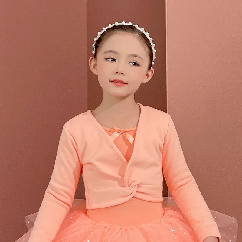 Tops envolventes de Ballet para niñas interiores de terciopelo, suéter de baile de manga larga para niños, abrigo grueso de lana para invierno, cárdigan de algodón para bailarina