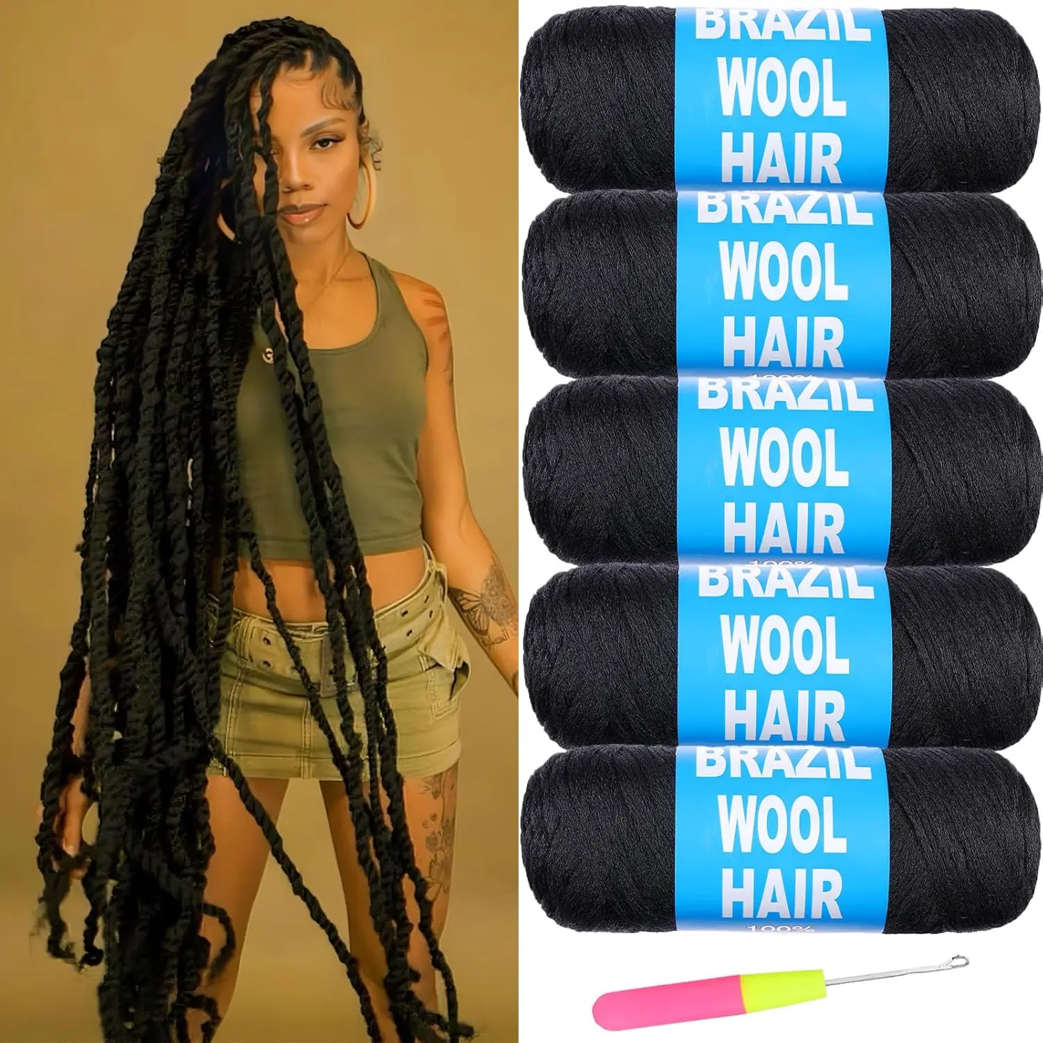 Cheveux de laine brésiliens tricotés à la main laine brésilienne pour tresser les cheveux cheveux de laine noire naturelle pour tresse au Crochet Faux Locs Crochet