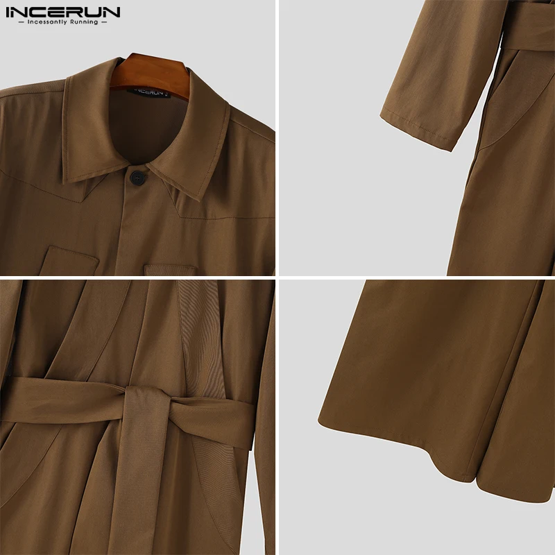 INCERUN Men Overalls Solid Color Lapel Long Sleeve Casual Wide Leg Jumpsuits Loose Streetwear 2025 Fashion Male Rompers S-5XL