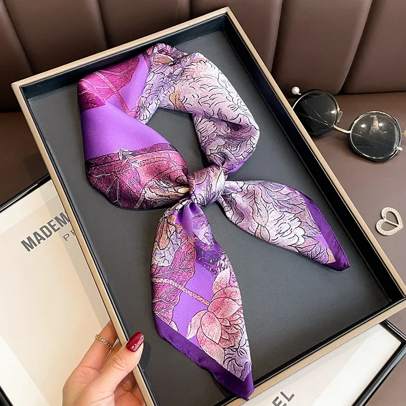 Hangzhou Silk100% Mulberry Silk Scarf Stylish Pink Purple Real Silk Square Scarf Women's 70cm Fashionable Neck Tie Pashmina