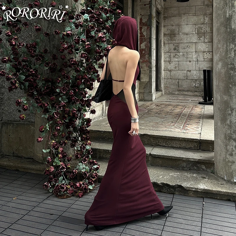 RORORIRI-Robe de Soirée Longue en Maille Transparente avec Capuche pour Femme, Dos aux, Tambour en Queue de Poisson, Tenue de Bal, Gothique, Rétro, 1 Pièce