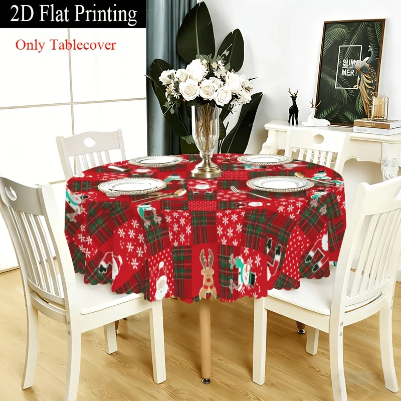 Christmas tablecloth for table with Santa reindeer snowman print, red plaid patchwork lace cover