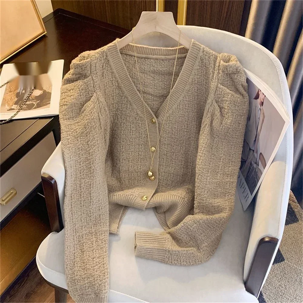 Cardigan Women Elegant Single Breasted Warm Sweater Women Luxury Solid Color Knitting French Style Long Sleeve V-Neck Cardigans