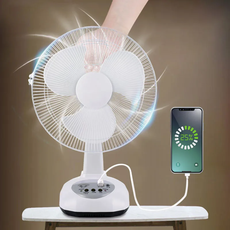 

12 Inches Solar Desktop Fan with Solar Panel LED Light USB Port AC/DC Rechargeable Cooling Table Fan