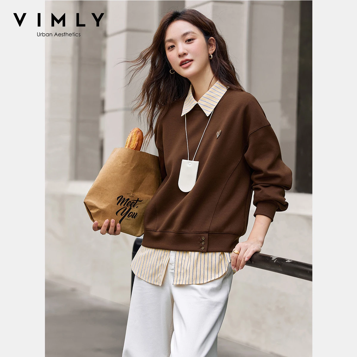VIMLY Sweatshirts Women Fashion Solid Autumn 2025 Casual Round Collar Loose Lady Sweatshirt Long Sleeve Sporty Knitted Top A2062