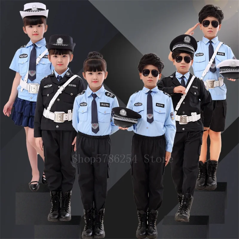 Boys Girls Halloween Policeman Cosplay Costume Fancy Party Carnival Children Traffic Police Uniforms Stage Performance Wear JS86