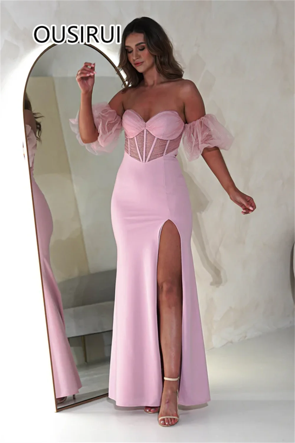 Oussirui elegante gola doce cetim lantejoulas espartilho formatura vestido de baile sexy bainha fenda lateral longo vestido de baile