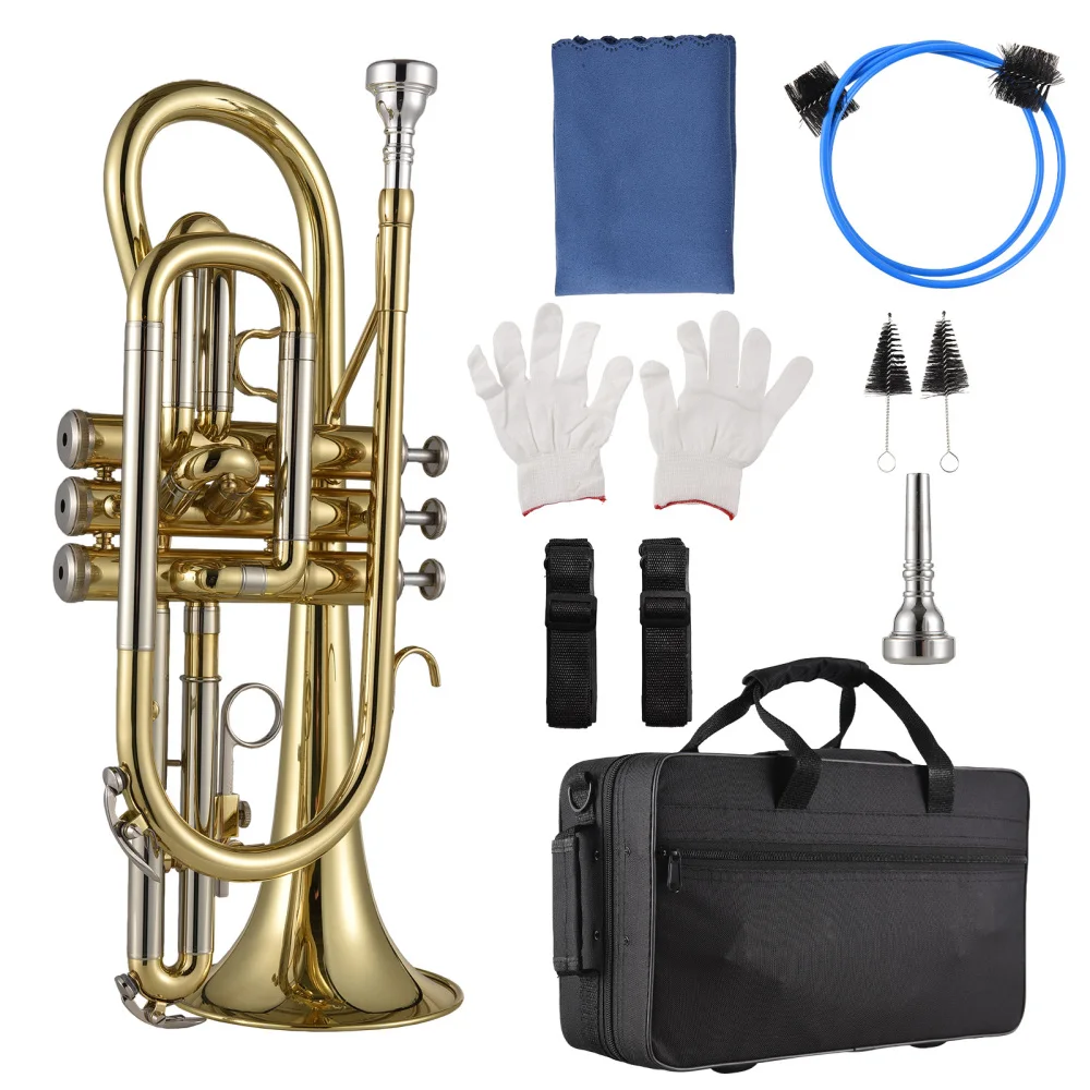 Bb Cornet Brass Instrument Paint Gold Treatment Professional Brass Cornet with Carry Case Glove Clean Cloth Brushes for Beginner