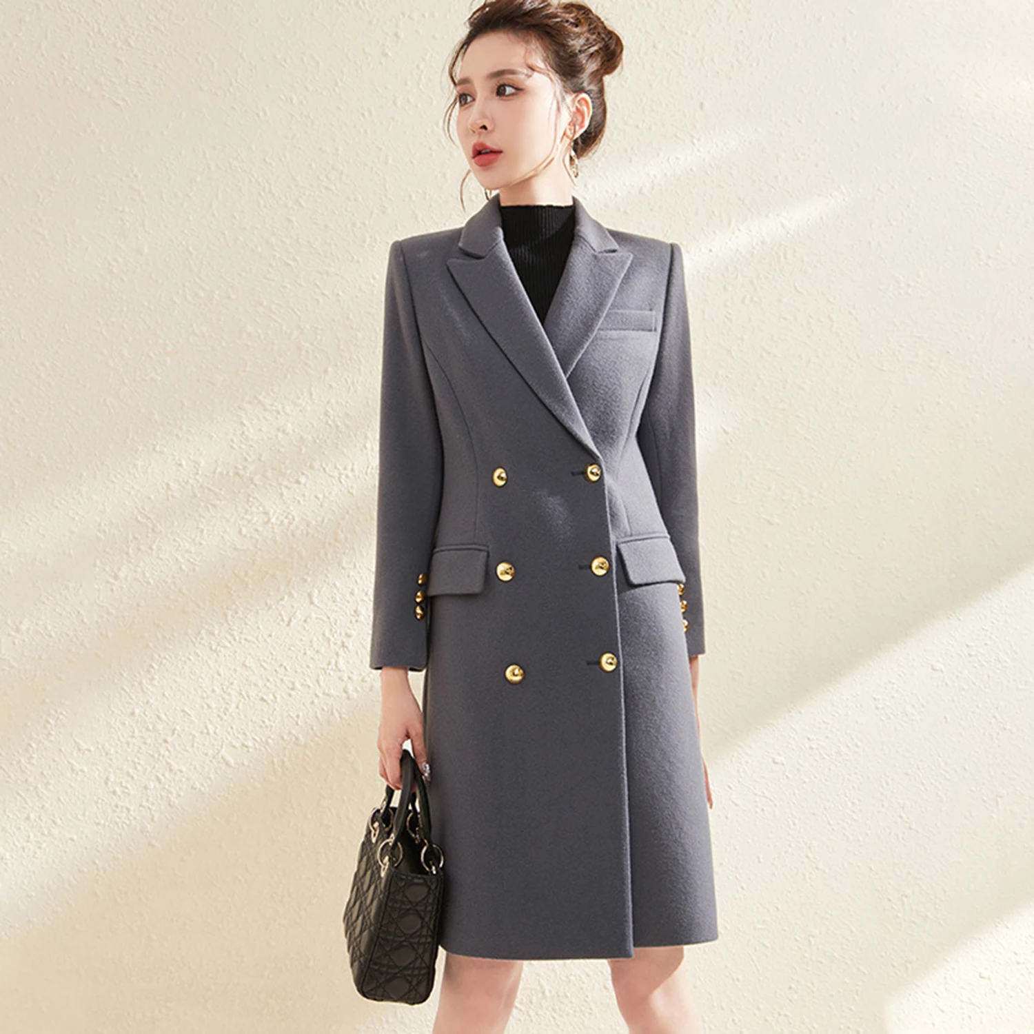 Allingentle Black Women's Double-Breasted Blazer Fashion Peak Lapel Jacket Suit Coat for Casual Office Outfit Customize
