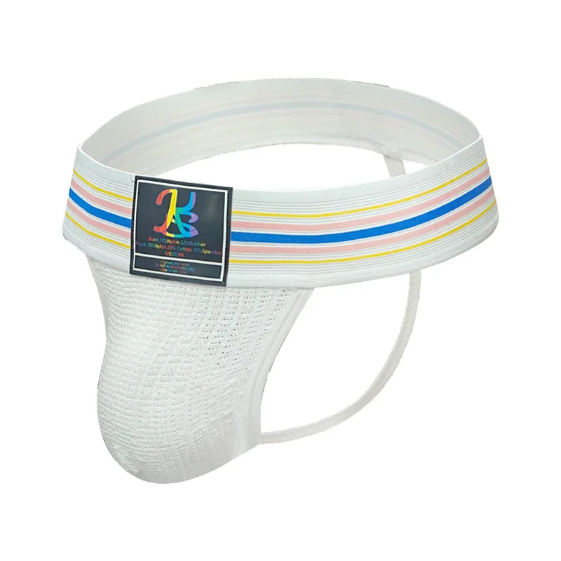 

Men's Ribbed Cotton T-Back Thong - Low Waist Athletic Jockstrap with Rainbow Stripe Waistband Youth Fashion Sports Daily Panties