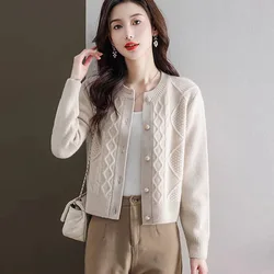 Women Vintage Elegant Short Style Knitted Cardigan Autumn Solid Tops Fashion Loose Casual O-neck Sweaters