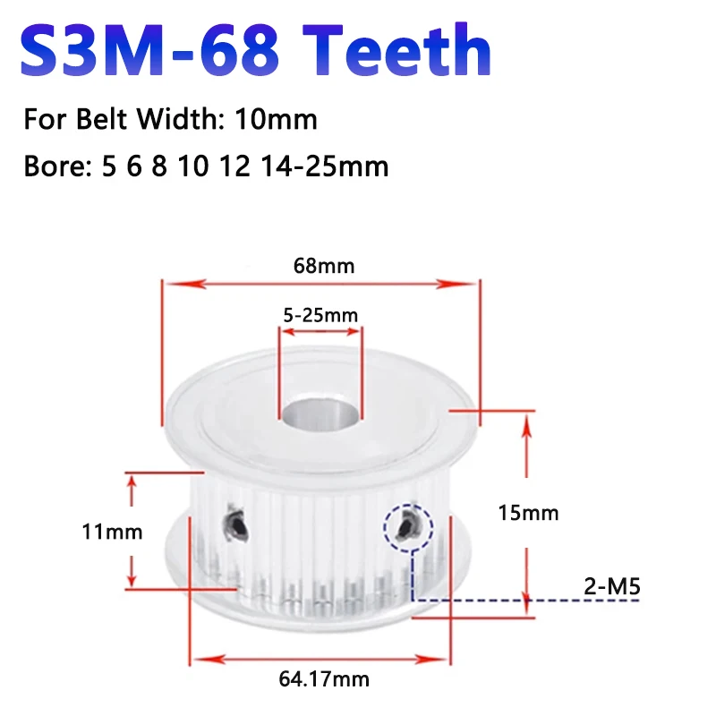 

1pc 68 Teeth S3M Timing Pulley Aluminum Alloy 68T Synchronous Wheel Slot Width 11mm Bore 5 6 8 10 12 14-25mm AF Type Pitch 3mm