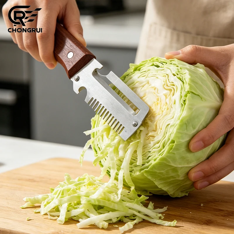 Pelador de verduras 3 en 1 con cuchilla dentada, mango de madera y abridor de botellas, herramienta de cocina de funcionamiento suave.