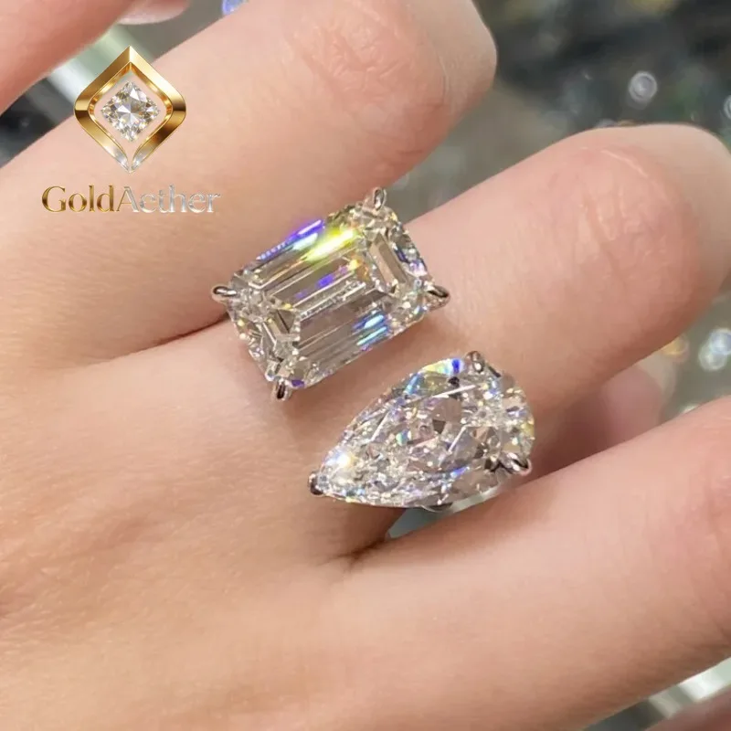 

GoldNouveau 12ct Twin-Stone Moissanite Ring for Women, PT950 Platinum, Pear & Square Cut, Open Adjustable & Dazzling