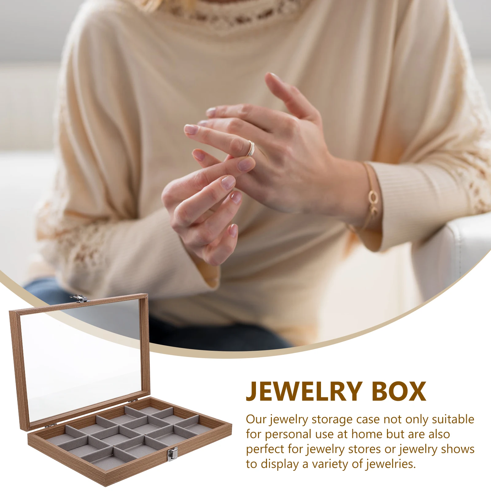 

1Pcs 12 Grid Jewelry Storage Box With Transparent Lid Wooden Display Organizer For Earrings Rings