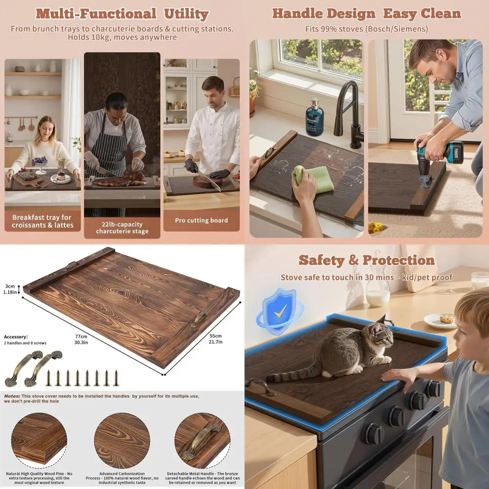 

Kitchen Gas and Electric Stove Top Cover, Wooden Noodle Board with Handles, 30x22 Inches Wood Cutting Board