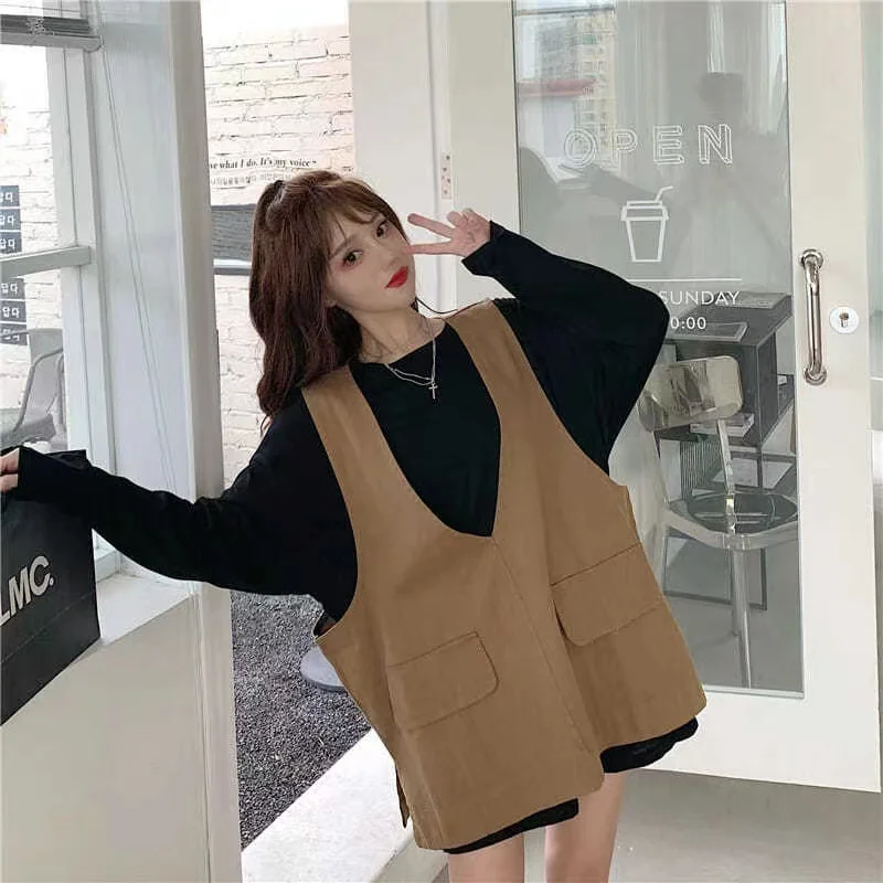 Shirt +Vest Set Big Size Women Clothing Loose Long Sleeve Shirts Lady Autumn Spring Oversize Female Blouses Tops Girls Clothes