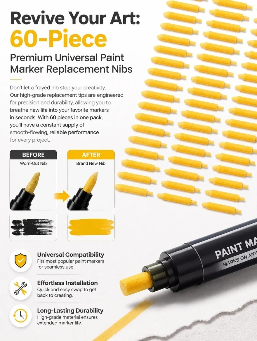 60pcs Replacement Paint Marker Nibs for Acrylic Pens – Fine Precision Tips Compatible with Most Art Markers