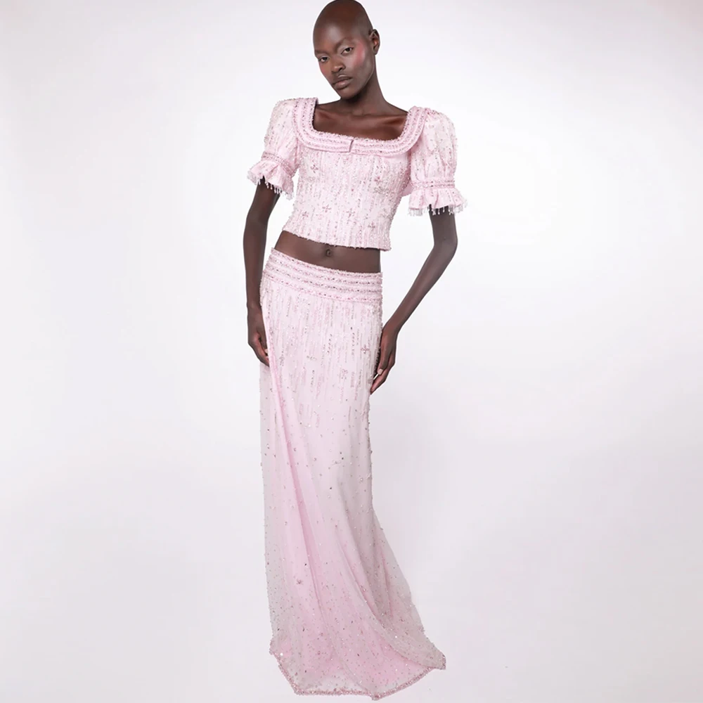 High Collar Short Sleeves Evening Dress Customized Exquisite Beading Crystal Prom Dress Fashion Straight Organza