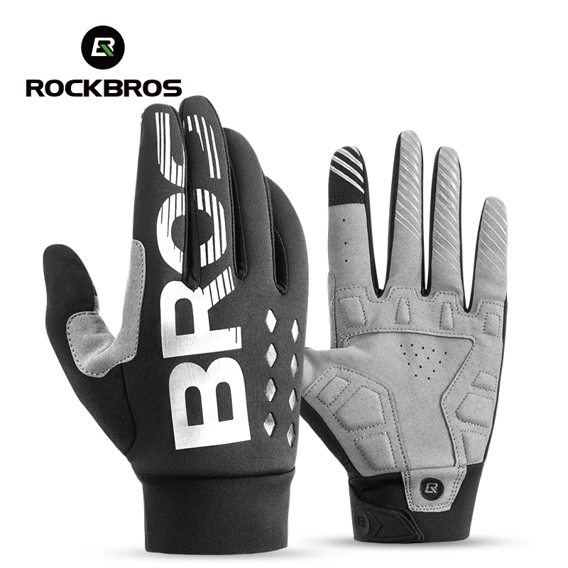 ROCKBROS Winter Cycling Gloves Windproof Warm Thermal Full Finger Gloves Touch Screen Shock Absorption Palm Pad Cycling Glovers