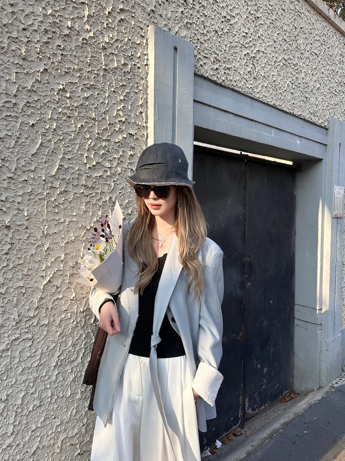 

Lightweight Spring Summer Ele Cold Brew Fighter Fce Knot Suit Asymmetrical Hemline Versatile Loose Fit Long Sve