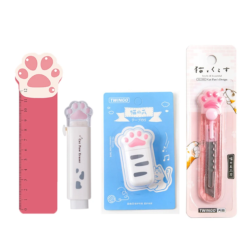 4pcs Cat Paw Utility Knife Correction Tape Rubber Eraser Ruler Cute Stationery Set Kawaii Cartoon Office School Supplies