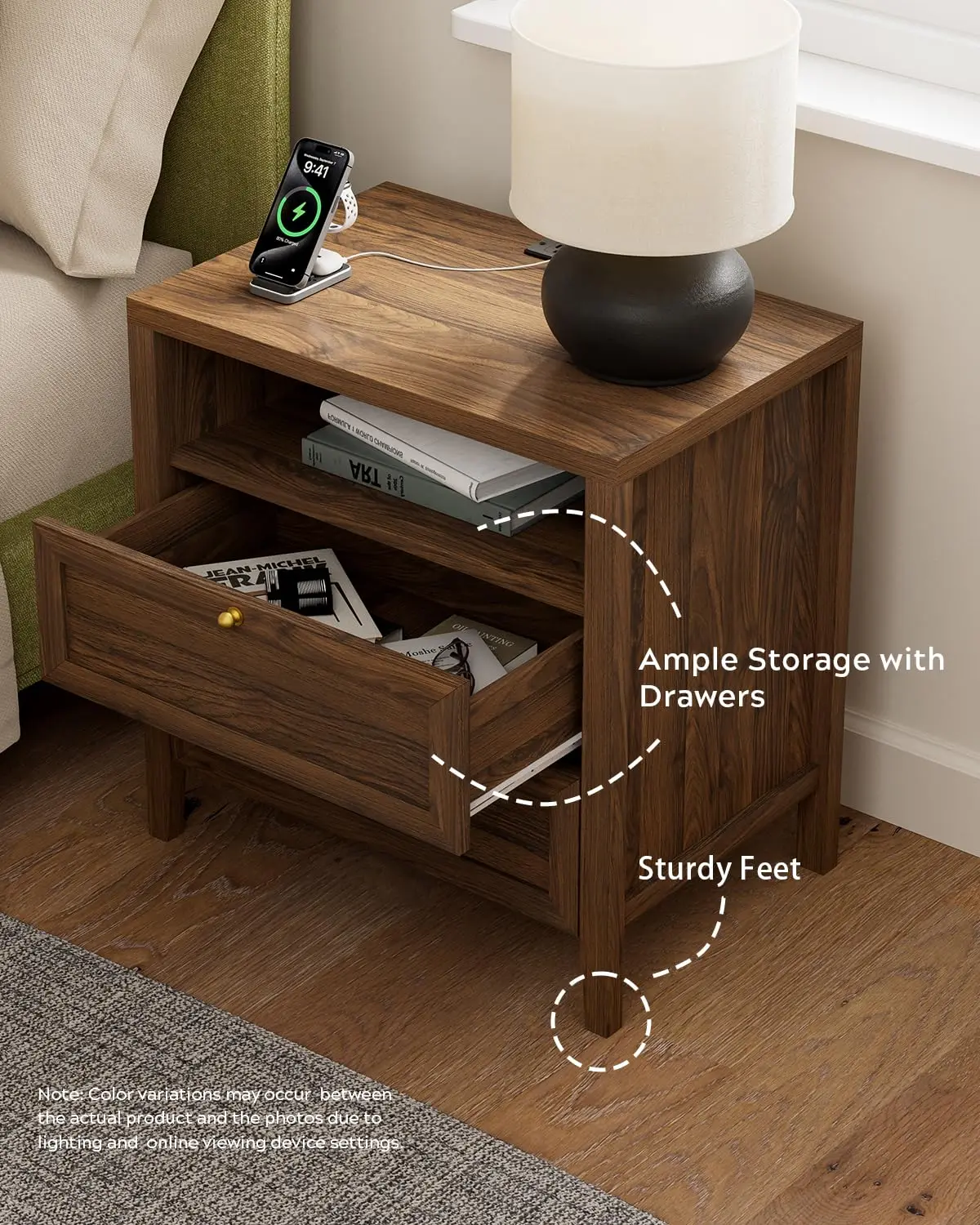 Wooden Nightstand with Charging Station & 2 Drawers, Farmhouse End Table with Open Shelf for Bedroom, Brown, Customized