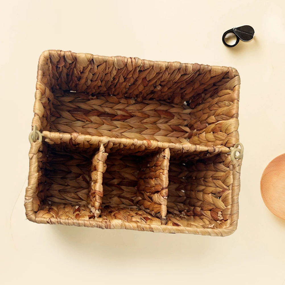 

Woven Basket Foldable Handle Cutlery Storage Organizer Multi-Compartment Silverware Holder Kitchen