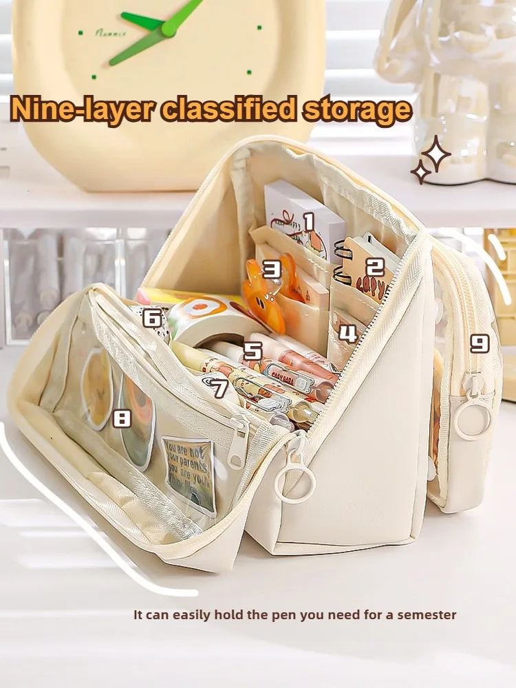 9-lagiges, doppelseitiges, abnehmbares Stiftetui mit großer Kapazität, einfache dreidimensionale Flip-Briefpapiertasche, multifunktionale Aufbewahrungstasche – Detail 10