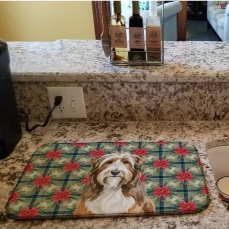 

Коричневый бородатый колли Рождественский коврик для сушки посуды Пуансеттия 14x21 дюймов впитывающий коврик для кухонной стойки