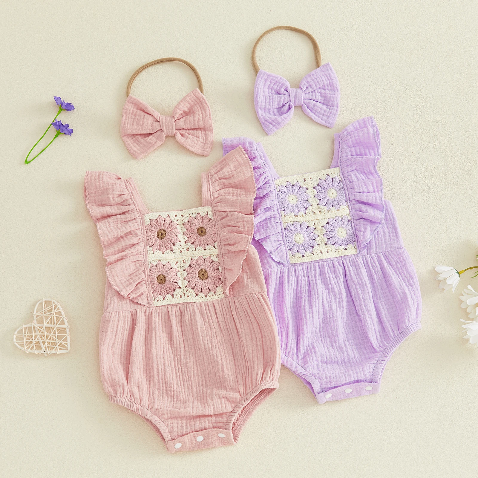 New Baby Girls Summer Sweet Romper Flying Sleeve Crochet Floral Bodysuit with Bow Headband