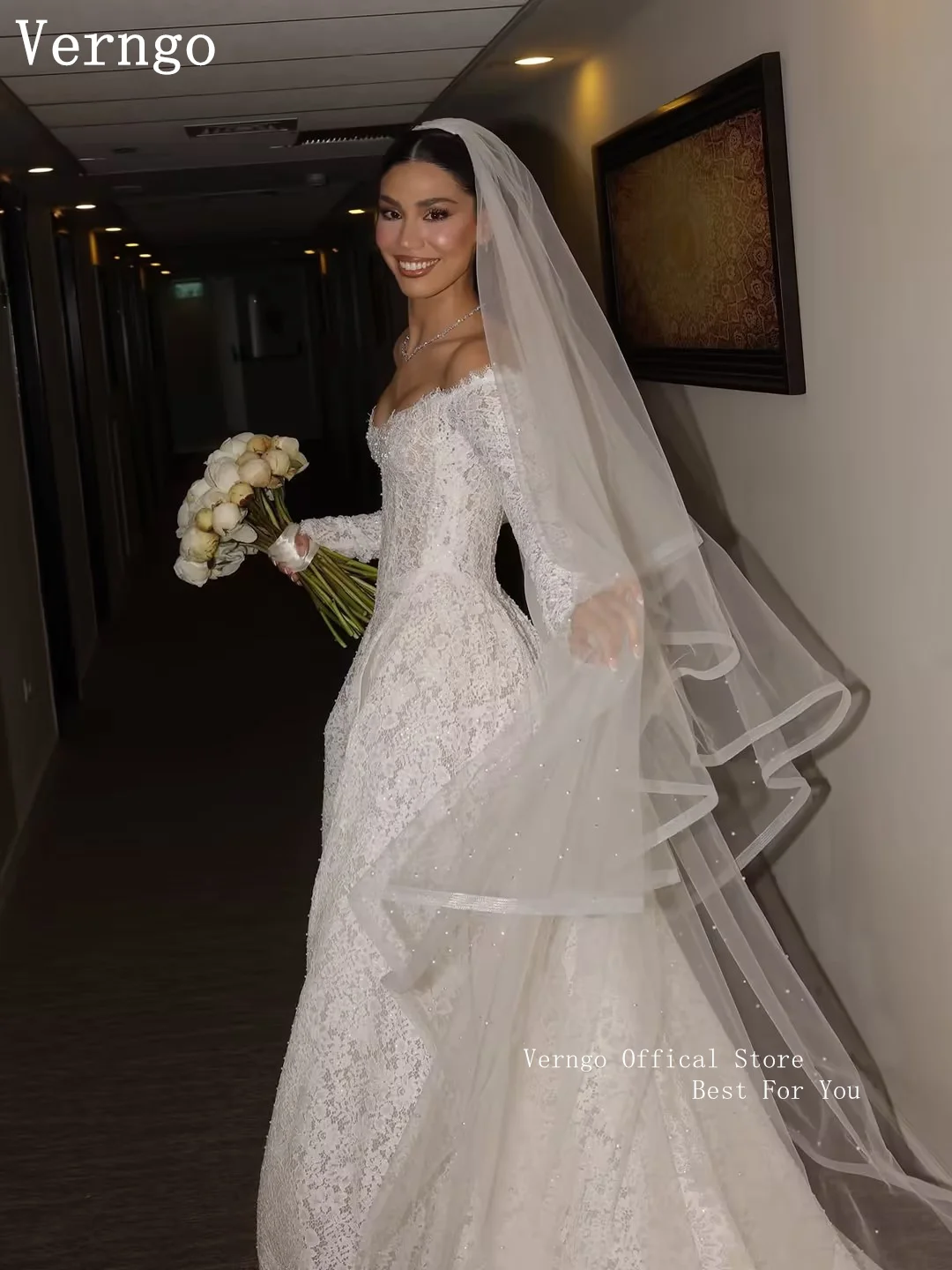 Verngo Luxury Lace Civil Wedding Dress Off The Shoulder Full Sleeves Bridal Gowns Women Elegant Modern Wedding Dress Customized